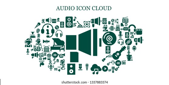 audio icon set. 93 filled audio icons.  Simple modern icons about  - Megaphone, Control, Audio, Speakers, Electron, Microphone, Music file, Speaker, Phonograph, Record, Call center