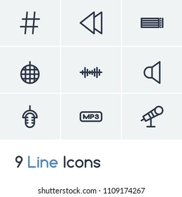 Audio icon set and backward with disco ball, mp3 file and note line. Equalizer related audio icon vector for web UI logo design.