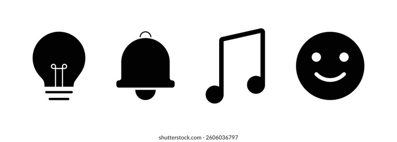 Audio icon set with bulb symbol. Black flat music, audio, sound, idea, power vector icon illustration.