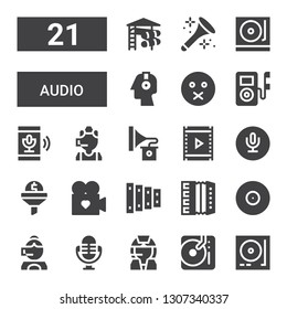 audio icon set. Collection of 21 filled audio icons included Turntable, DJ, Call center, Microphone, Cd, Accordion, Xylophone, Video, Filter, Recording, Gramophone, Music player