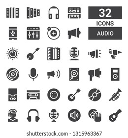 audio icon set. Collection of 32 filled audio icons included Guitar, DJ, Volume adjustment, Microphone, Headphones, Call center, Trumpet, Disc, Banjo, Button, Cassette, Audio player