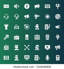 audio icon set. Collection of 36 filled audio icons included Music player, Microphone, Loudspeaker, Piano, Call center, Accordion, Megaphone, Video, Earbuds, Amplifier, Filter