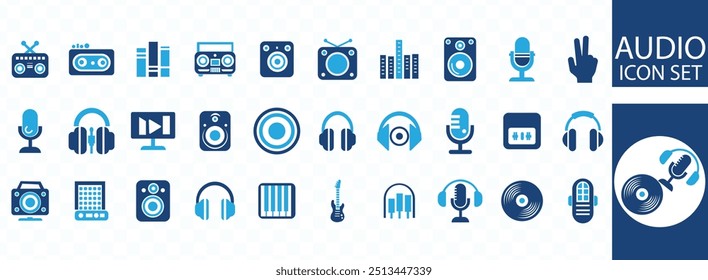 Conjunto de iconos de audio. Contiene auriculares, sonido, música, volumen, auriculares, ecualizador e iconos de altavoz. Colección de iconos sólidos. Ilustración vectorial