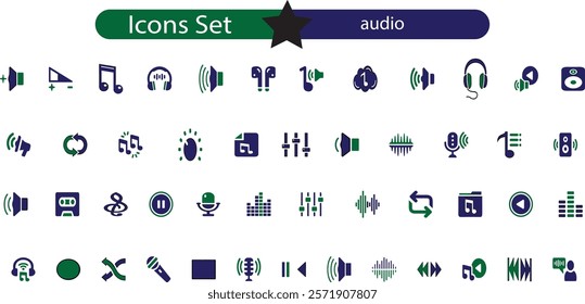 Audio icon set. Containing headphones, sound, music, volume, earphones, equalizer and speaker icons