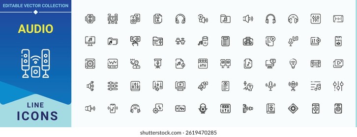 Audio icon set. Contains outline symbols like speak, voice, speaker, media and more. Sound icon set. Minimal thin line web icons set. Editable stroke. Pixel Perfect.
