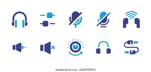 Audio icon set. Duotone color. Vector illustration. Containing headphone, equalizer, mute, silent, headphones, decrease, mute, slider, headset, audio jack.