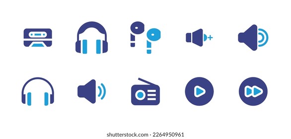 Audio-Icon-Set. Duotonfarbe. Vektorgrafik. Enthält Kassette, Kopfhörer, Hörer, Lautstärke, Lautsprecher, Kopfhörer, Radio, Play, nach vorne.