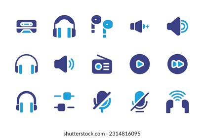 Audio icon set. Duotone color. Vector illustration. Containing cassette, headphone, earphone, volume, speaker, headphones, radio, play, forward, equalizer, mute, silent.