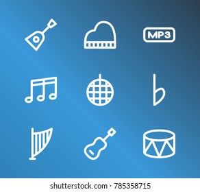 Audio icon set and flat musical icon line set with octave, bouzouki and drummers. Rock related audio icon vector items for web UI logo design.