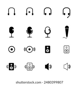 Audio icon set, headphone microphone and speaker, Vector illustration