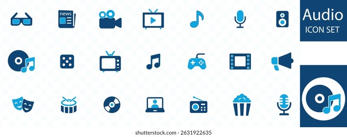Conjunto de ícones de áudio. fones de ouvido, som, música, volume, fones de ouvido, equalizador e ícones de alto-falante. Coleção de ícones do Solid