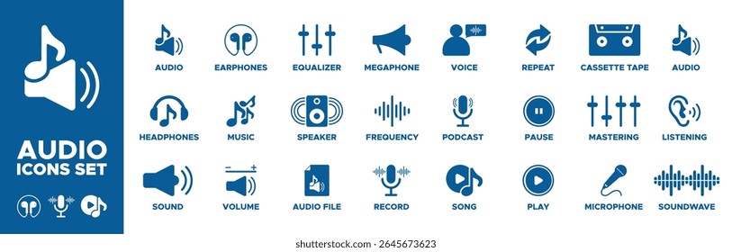 Conjunto de ícones de áudio. áudio, fones de ouvido, som, volume, música, fones de ouvido, equalizador, alto-falante, arquivo de áudio, registro, frequência, megafone, voz, ícones de podcast. Coleção de ícones do Solid. Ilustração vetorial.