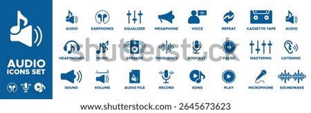 Audio icon set. audio, headphones, sound, volume, music, earphones, equalizer, speaker, audio file, record, frequency, megaphone, voice, podcast icons. Solid icon collection. Vector illustration.