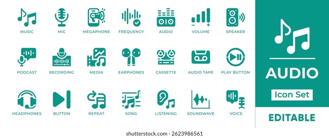 Audio Icon Set. Includes editable icons for music, sound, recording, headphones, mic, podcast, and playback. Perfect for multimedia, apps, and streaming.