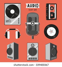 Audio icon set. Isolated vintage audio equipment collection.