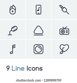 Audio icon set and mike with tuner, plug and eject. Melody clef related audio icon vector for web UI logo design.