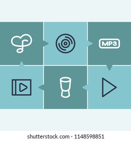 Audio icon set and musical disk with play, djembe and disk. Multimedia related audio icon vector for web UI logo design.