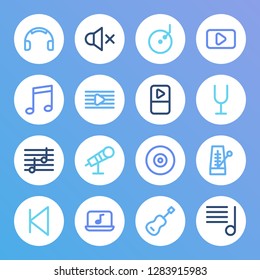 Audio icon set and sound off with guitar, back and start. Diapason related audio icon vector for web UI logo design.