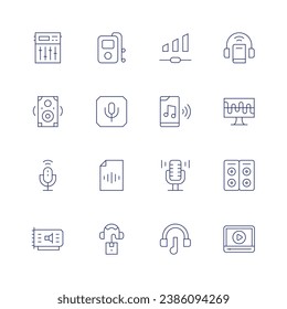 Audio icon set. Thin line icon. Editable stroke. Containing equalizer, music, voice control, sound card, volume, music player, microphone, audio, audio guide, audio book, additive synthesis, speakers.