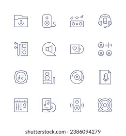 Audio icon set. Thin line icon. Editable stroke. Containing podcast, music, sound system, mixer, speaker, vinyl disc, dj, audio, audio book, audio file.