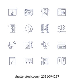 Audio icon set. Thin line icon. Editable stroke. Containing podcast, speaker, favorite, music, subwoofer, music speaker, speakers, cassette player, headphone, audio, audio control, audio waves, sound.