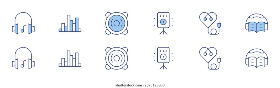 Audio icon set in two styles, Duotone and Thin Line style. Editable stroke. sound system, earphone, music headphones, audio waves, audio book, speaker.