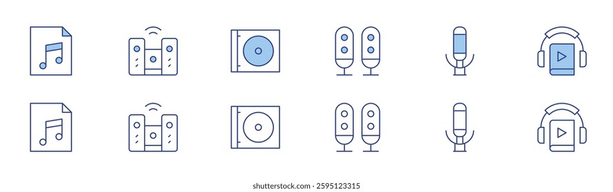 Audio icon set in two styles, Duotone and Thin Line style. Editable stroke. song, home cinema, cd, sound system, audio message, audiobook.