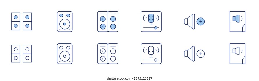 Audio icon set in two styles, Duotone and Thin Line style. Editable stroke. podcast, speakers, speaker, volume up, audio.
