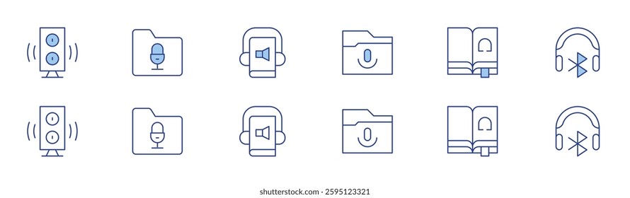 Audio icon set in two styles, Duotone and Thin Line style. Editable stroke. podcast, speaker, folder, audio, audio book.