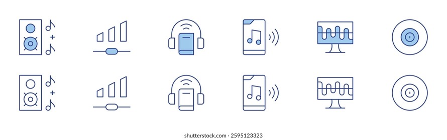 Audio icon set in two styles, Duotone and Thin Line style. Editable stroke. music, volume, music player, audio book, additive synthesis, music and multimedia.