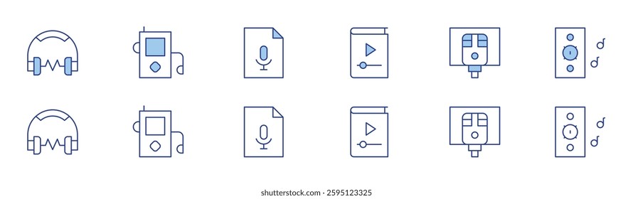Audio icon set in two styles, Duotone and Thin Line style. Editable stroke. music, karaoke, speaker, music player, audio file.