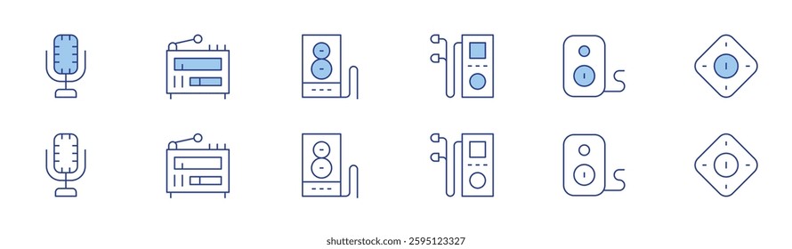 Audio icon set in two styles, Duotone and Thin Line style. Editable stroke. music, microphone, radio antenna, speaker, audio.