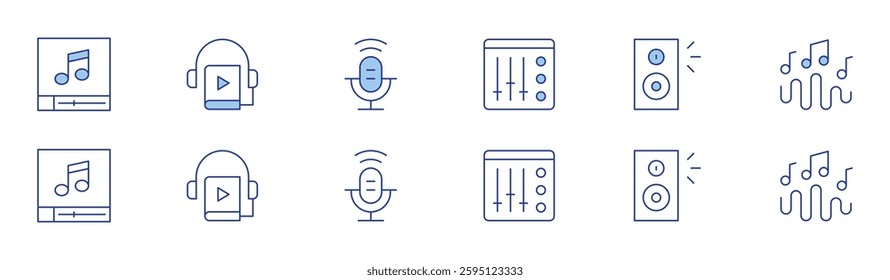 Audio icon set in two styles, Duotone and Thin Line style. Editable stroke. mixer, audio file, audio book, speaker, music wave, podcast.