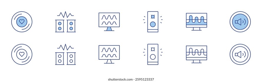 Audio icon set in two styles, Duotone and Thin Line style. Editable stroke. love, speakers, sound wave, music, audio, volume.