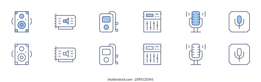 Audio icon set in two styles, Duotone and Thin Line style. Editable stroke. equalizer, music, sound card, microphone, music player, audio.
