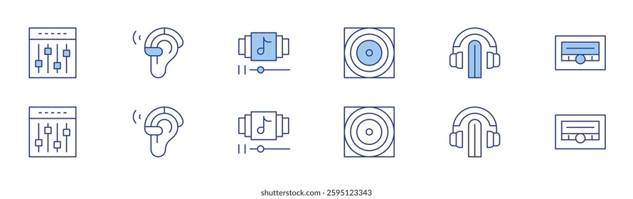 Audio icon set in two styles, Duotone and Thin Line style. Editable stroke. equalizer, hearing aid, playlist, audio system, listening, car radio.
