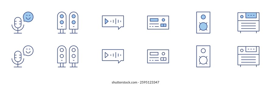 Audio icon set in two styles, Duotone and Thin Line style. Editable stroke. car radio, podcast, speaker, speakers, voice message, amplifier.