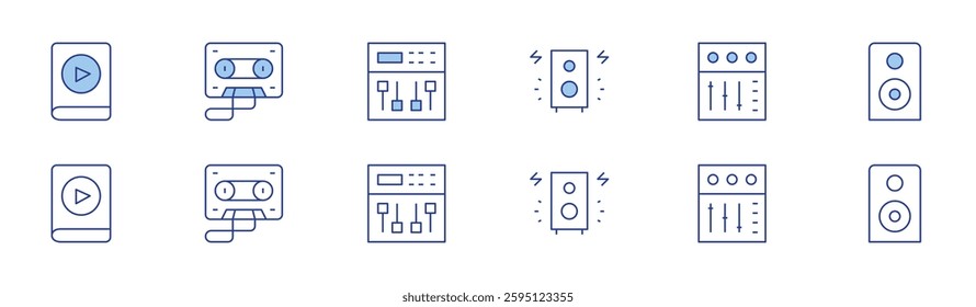 Audio icon set in two styles, Duotone and Thin Line style. Editable stroke. audiobook, cassette, speaker, dj mixer, mixer, audio.