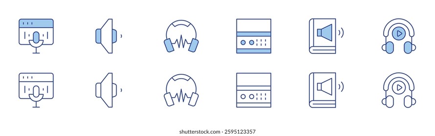 Audio icon set in two styles, Duotone and Thin Line style. Editable stroke. audio, audio book, audio player, headphones, volume.