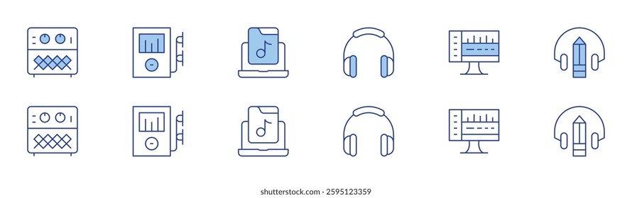 Audio icon set in two styles, Duotone and Thin Line style. Editable stroke. amplifier, mp player, music, headphones, audio editing, online learning.