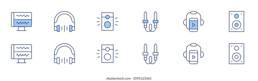 Audio icon set in two styles, Duotone and Thin Line style. Editable stroke. audio jack, audio editing, audio guide, headphones, speaker.