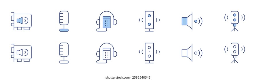 Audio icon set in two styles, Duotone and Thin Line style. Editable stroke. speaker, sound card, audio, audio guide.