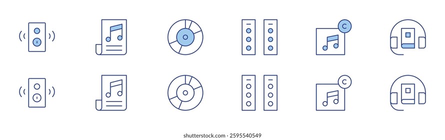 Audio icon set in two styles, Duotone and Thin Line style. Editable stroke. speaker, music, vinyl record, audio system, audio, audio guide.