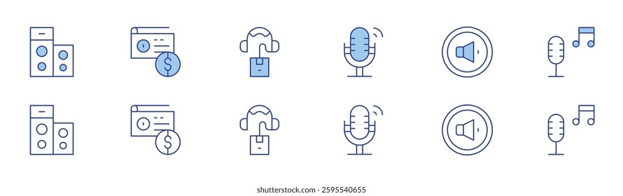 Audio icon set in two styles, Duotone and Thin Line style. Editable stroke. speaker, radio, microphone, volume down, audio, audio guide.