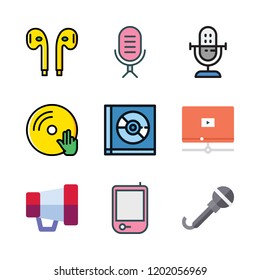 audio icon set. vector set about radio, vinyl, microphone and video player icons set.