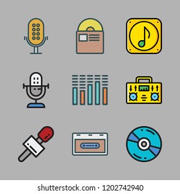 audio icon set. vector set about cassette, microphone, compact disc and radio icons set.