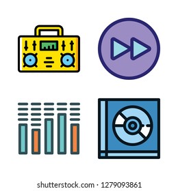 audio icon set. vector set about sound bars, compact disc, fast forward and radio icons set.