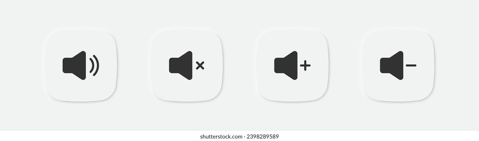 Audiosymbol. Lautstärke plus, minus Symbol. Button-Stimme und stumme Zeichen. Lautsprechersymbole. Vektor-Einzelzeichen.