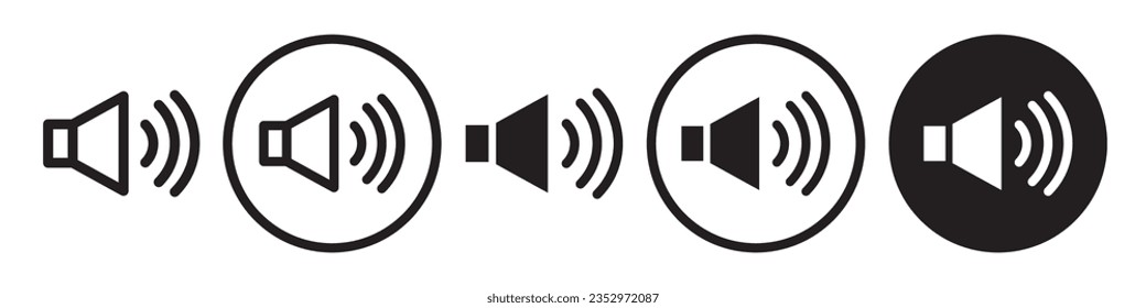 Icono de audio. Símbolo de altavoz de música o reproductor de vídeo. Esbozo plano del ruido del volumen del micrófono mientras se emiten medios de radio o habla. Conjunto de vectores del logotipo web de alerta de la bocina del amplificador de sonido