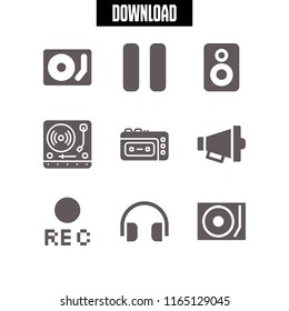 audio icon. This set with rec, disc jockey, loudspeaker and turntable vector icons for mobile and web